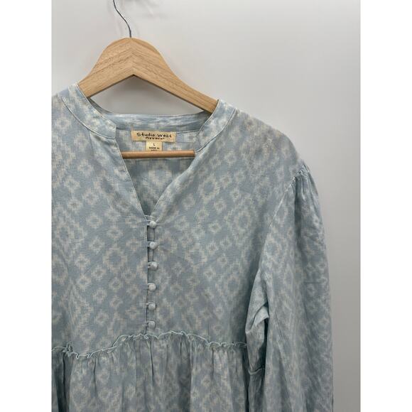 Studio West Apparel Top Women Large Blue White Button Front Boho Peasant Tunic - Picture 6 of 8